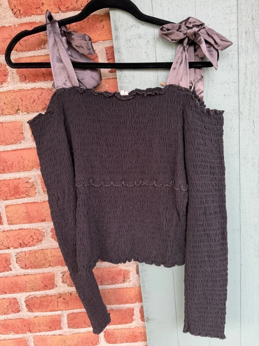 Anthropologie Charcoal 100% cotton Smocked Long Sleeve Top with Satin Ties